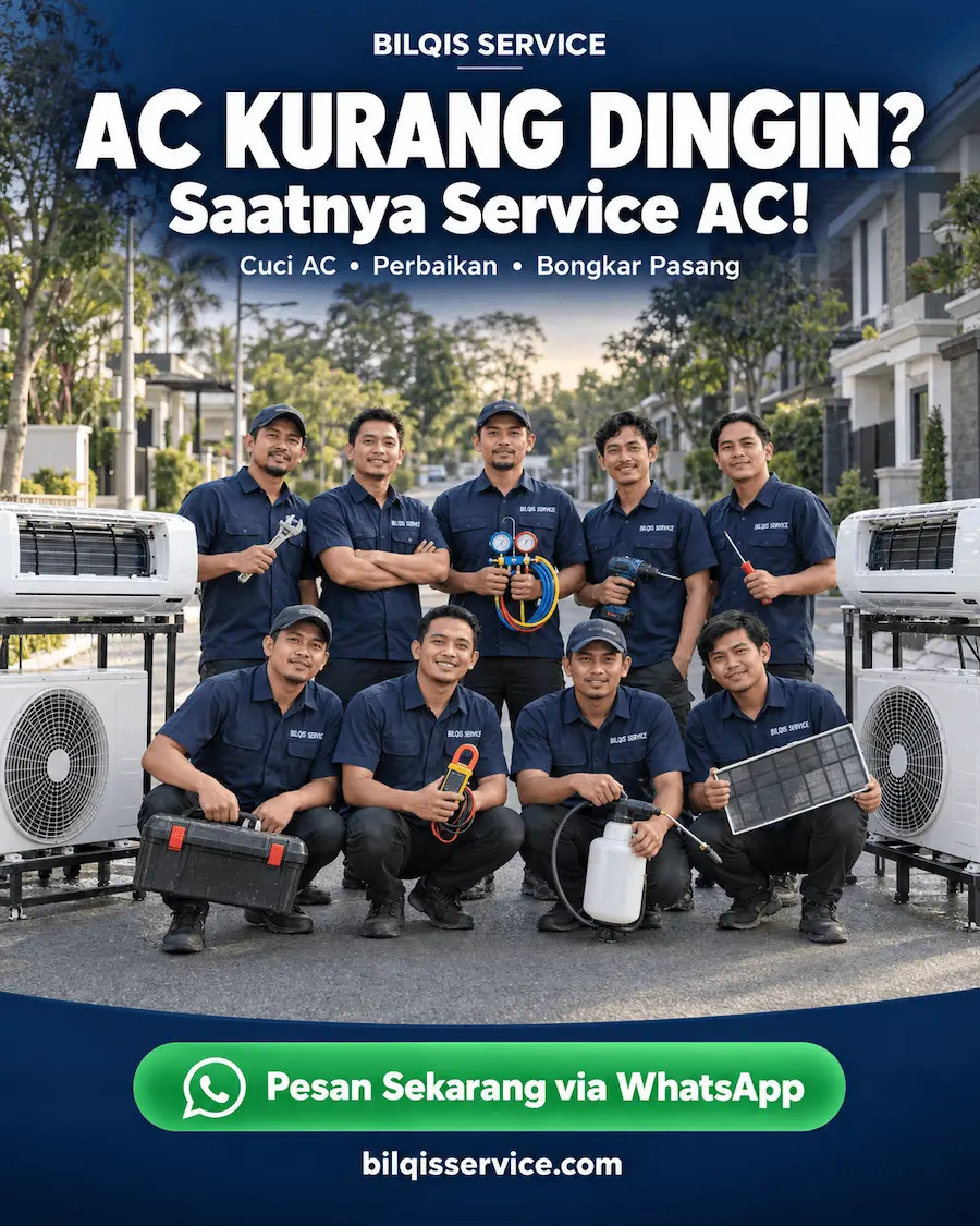 Ilustrasi iklan Bilqis Service: sembilan teknisi berseragam membawa alat kerja, dengan AC di kanan dan kiri.