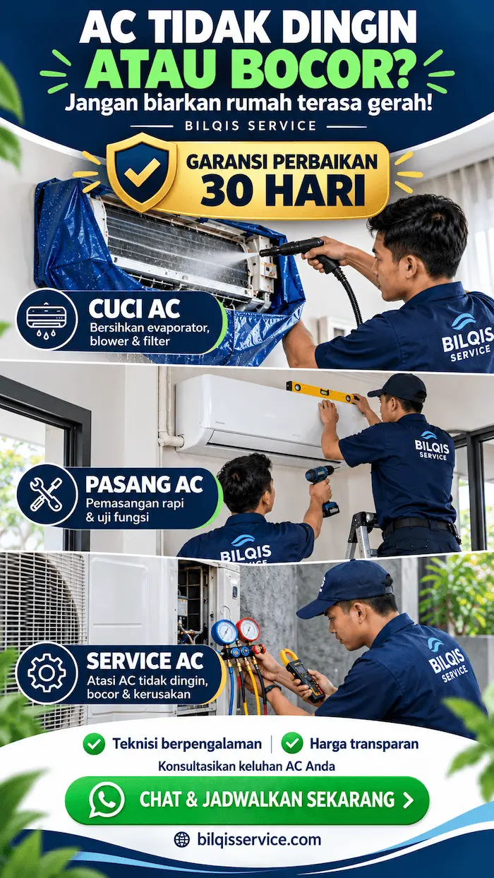 Bilqis Service: cuci, pasang, dan service AC. Garansi perbaikan 30 hari.